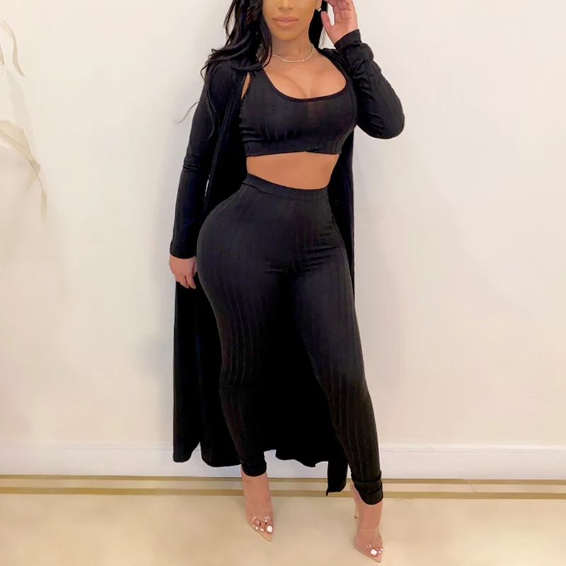 

Женский комплект из трех предметов, укороченный топ на бретелях + брюки-карандаш + Макси кардиганы с открытыми стежками, повседневный компле...