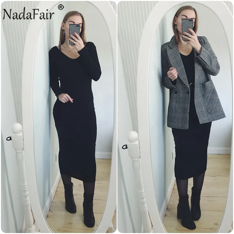 Женское облегающее платье свитер Nadafair Черное и белое средней длины с длинным