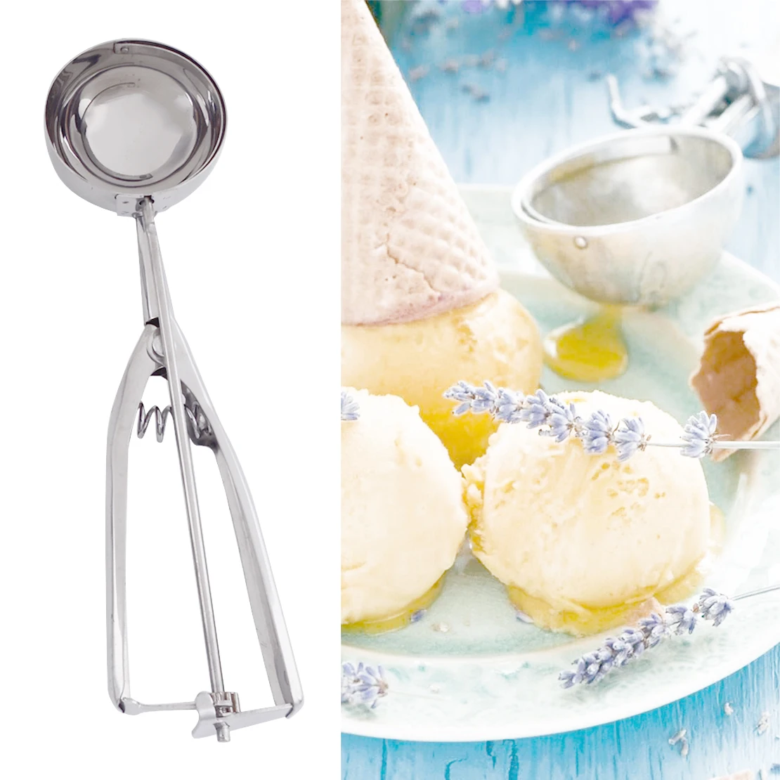 

Silver Stainless Steel Ice Cream Scoop Mash Potato Spoon Spring Handle Food Baller Fast Kitchen Tool Accessories