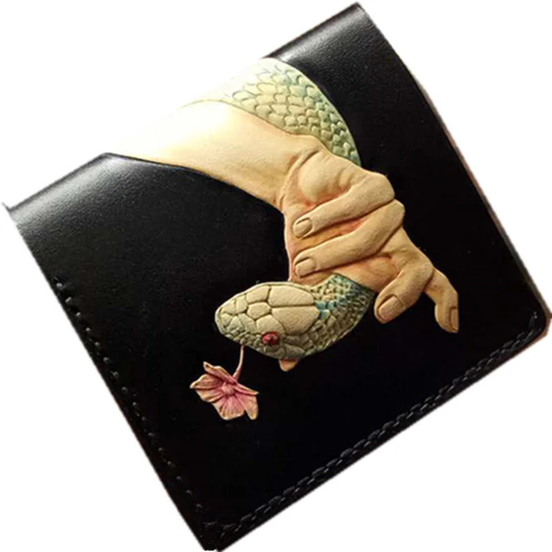

Handmade Wallets Original Design Lingering Love Carving Snake Purses Women Men Short Clutch Vegetable Tanned Leather Wallet Gift