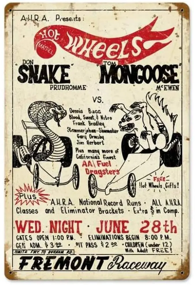 

Metal Plaque Poster Hot Wheels Snake Mongoose Tin Sign Farm Home Garage Coffee Bar Wall Decoration Retro Metal Plate 12*8 Inch