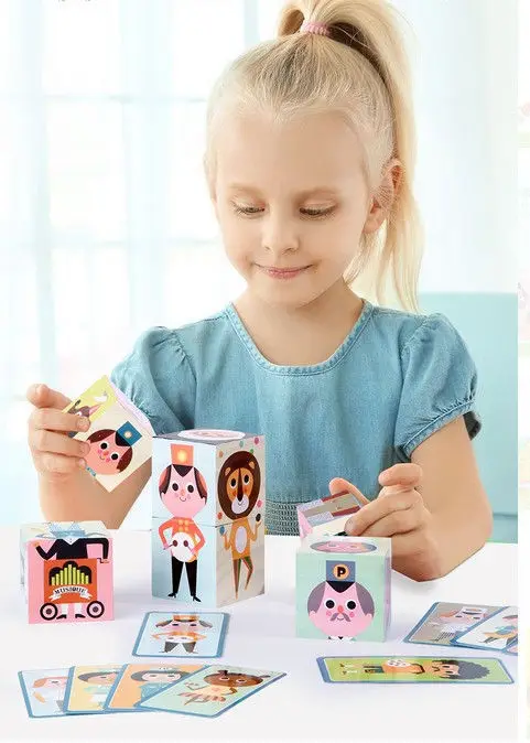 6 шт. деревянный блок стек игры 3D головоломка персонажа куб Дошкольное раннее