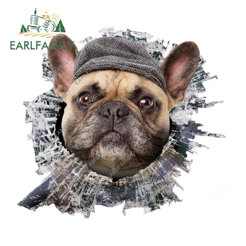 

EARLFAMILY 13 см x 11,8 см 3D Французский бульдог, наклейка на автомобиль из сломанного стекла, милая бычья искусственная задняя фара