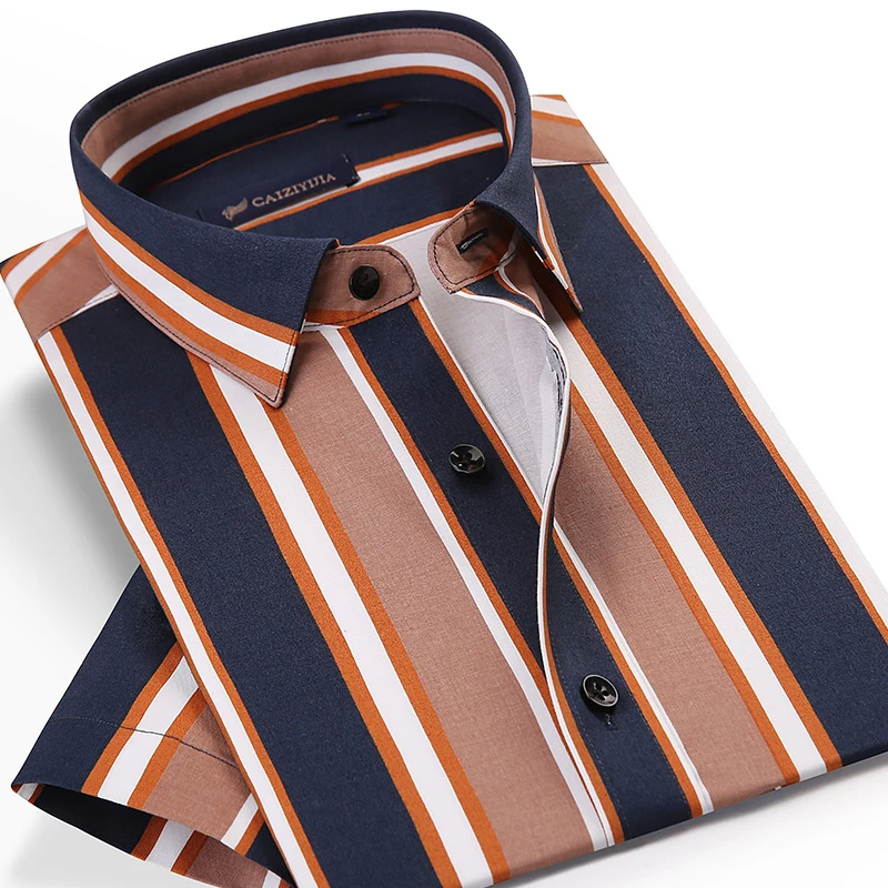 

Men's Summer Style Short Sleeve Bold Striped Shirts Pocket-less Design Casual Standard-fit Button-up Thin Beach Tops Shirt