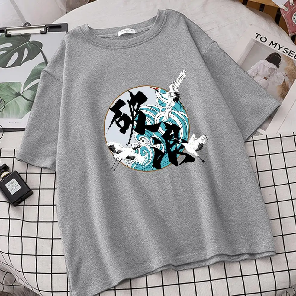 

2021 Japanese Streetwear T Shirt Crane Sun Print Women Harajuku T-Shirt Summer Hip Hop Tshirt Cotton Short Sleeve Tops Tees