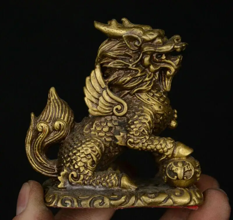 Китайская медная Бронзовая статуя фэн шуй с животным Kylin Chi lin Qilin Beast Ball летучей