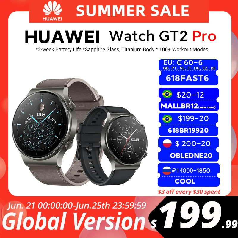 In stock Global Version HUAWEI Watch GT 2 pro SmartWatch 14 days Battery Life GPS Wireless Charging  Kirin A1 GT2 Pro