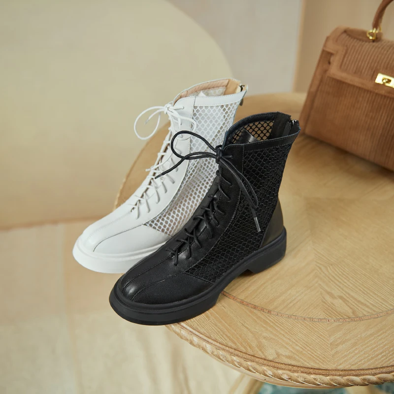 

2021 New Cool Boots Genuine Leather Cross Straps Mesh Zipper Female Pumps Spring Summer Round Toe Square High Heel Women Shoes