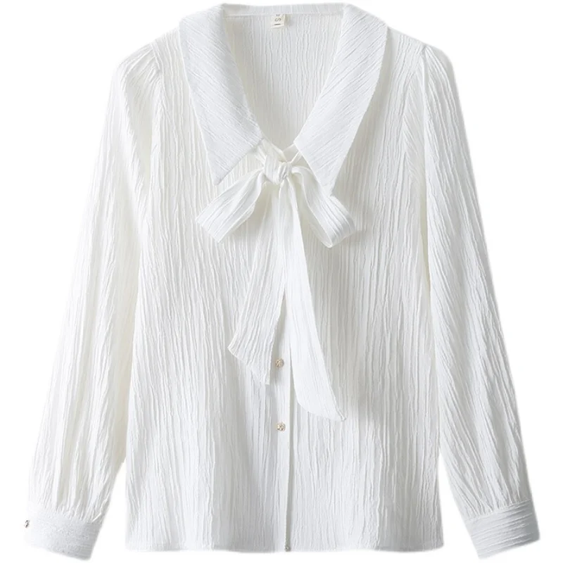 

COIGARSAM Vintage Full Shirt Womens tops Peter pan Collar Bow Lantern Sleeve Belt Women shirts Milky White 6078