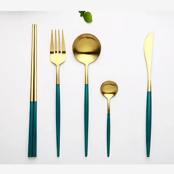 Green Gold Золотой набор столовых приборов 304 из нержавеющей стали, столовый нож, вилка, Западный набор еды для детей, набор посуды для путешествий - Цвет: Green Gold
