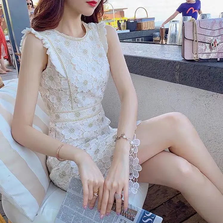 

Chic Sleeveless Embroidery Lace Dress Women 2021 Summer New Round Neck Elegant Slim High Waist Mini Dress Office Lady Vestido