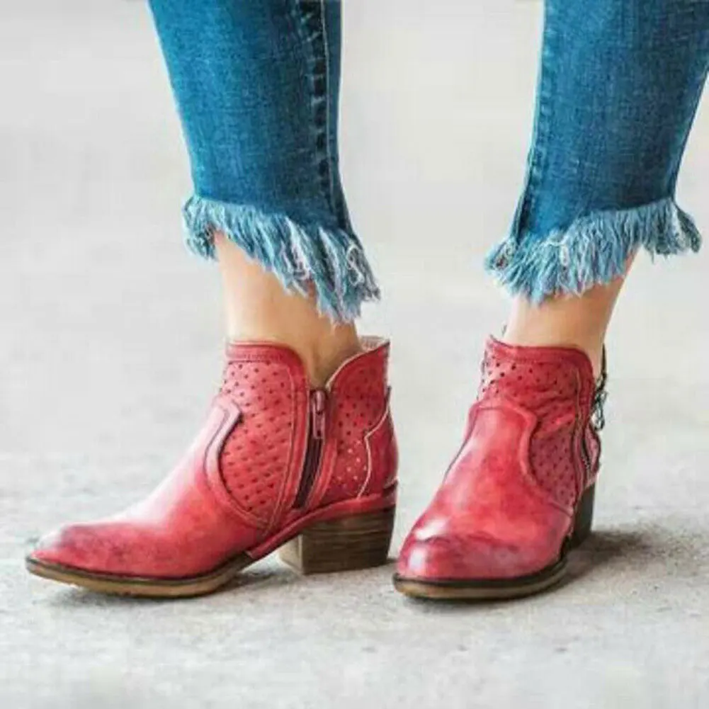 

Newly Women Ankle Boots Low Chunky Heel Side Zipper Travel Leather Shoes