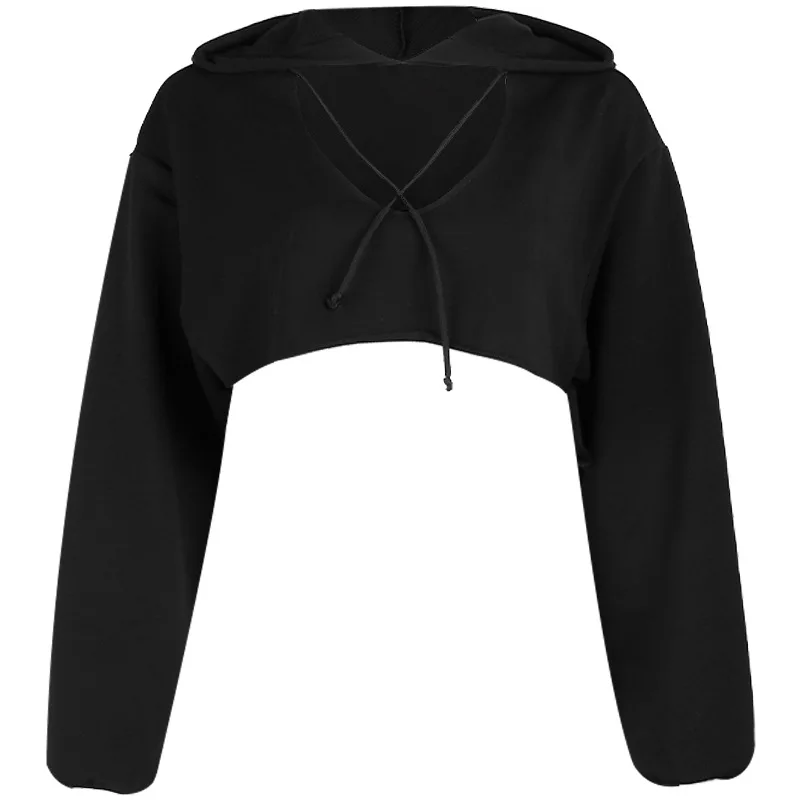 

2021 Autumn and Winter Harajuku New Sexy Hollow Short Cropped Hooded Black Sweater Women Short Casual Street Party Clothes