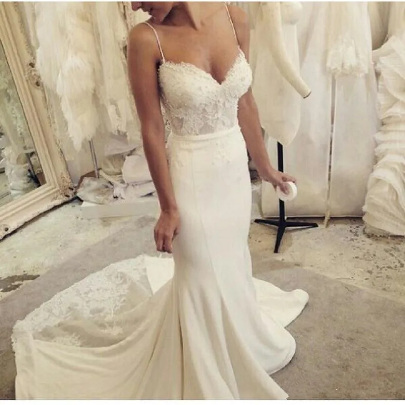 

Vestido De Noiva Spaghetti Straps Mermaid Wedding Dresses Lace sexy Beaded 2021 Cheap Satin Bridal Gowns Custom Made