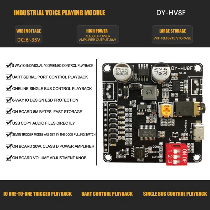 DY-HV8F 12V/24V Trigger Serial Port Control 10W/20W голосовой модуль воспроизведения с флэш-памятью 8MB |