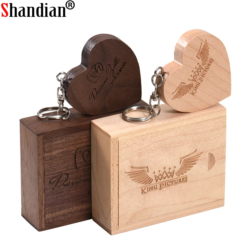 SHANDIAN Бесплатная логотип на заказ Деревянный Сердце USB + коробка флеш накопитель 32