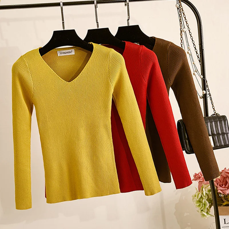 

2020 winter tight-fitting long-sleeved knitted bottoming shirt women's slim-fitting pullover V-neck solid color slimming sweater