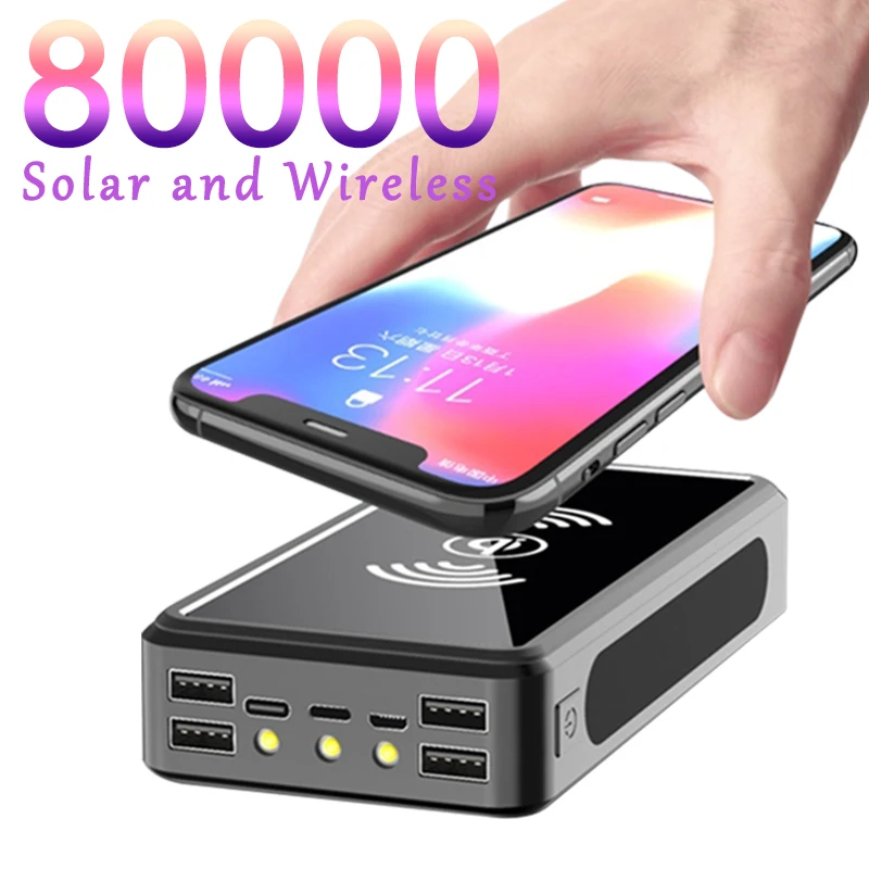 80000mAh Солнечный беспроводной внешний аккумулятор портативный светодиодный