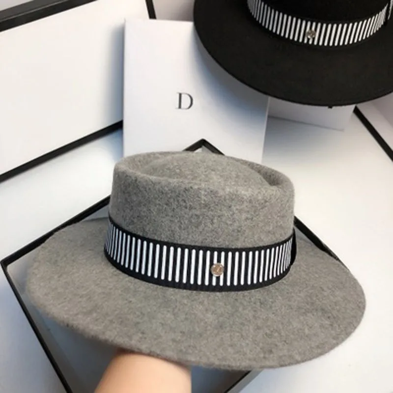 Fashion simple wool% concave top hat, black and white striped sun hat.