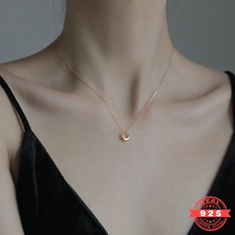

HOFINED 925 Sterling Silver Plated 14K Gold Simple Circle Necklace Light Luxury Ladies Gift Wedding Bare Bone Chain JewelryXL002