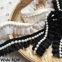3cm wide glitter white black pleated chiffon fabric beaded fringe ribbon lace collar ruffle edge trim dress guipure sewing decor