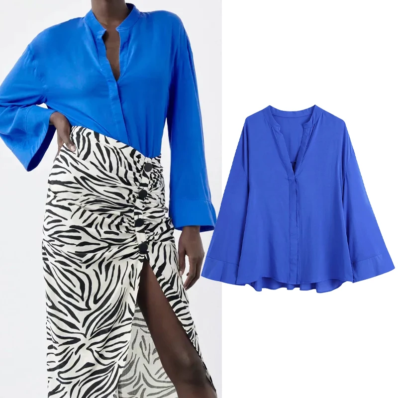 

Рубашка PPYQYKX Za, 2021, женская модная синяя блузка, ретро топ с V-образным вырезом и длинным рукавом, женская рубашка, повседневный шикарный Своб...