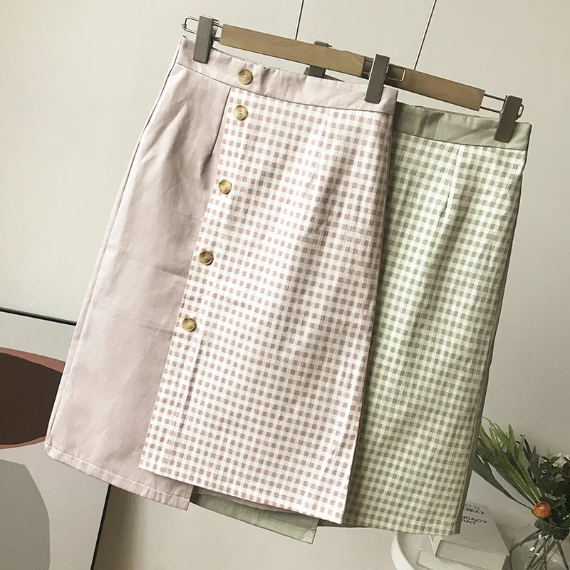 Летняя асимметричная клетчатая юбка средней длины с высокой талией модная Новая