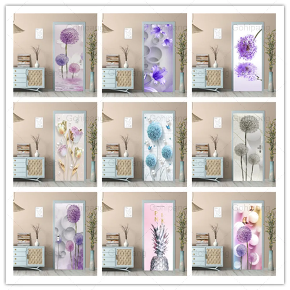 Purple Dandelion Butterfly Wallpaper For Door 3D Self-Adhesive PVC Poster Girl Room Bedroom Door Sticker Custom Size Wall Decals
