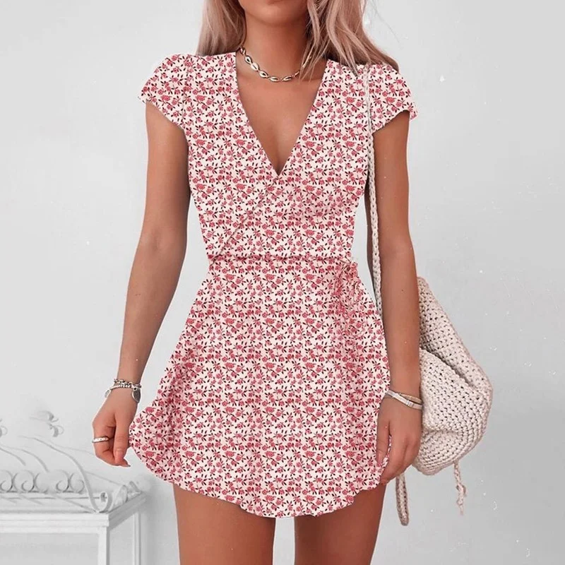 

Floral Print Summer Beach Maxi Bohemian Boho Dress Summer Beach Dress Vestidos De Mujer Women's Half Sleeve V-neck Mini Dress
