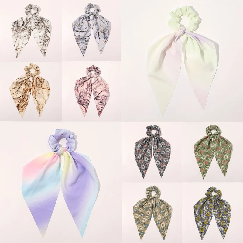 

Fashion Print Bow Cloth Fabric Long Ribbon Ponytail Scarf Hair Tie Scrunchies Women Girls Elastic Hair Bands Hair Accessories