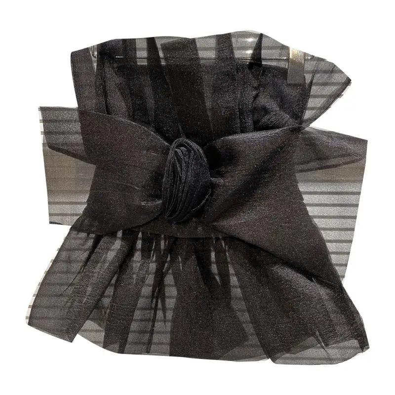 

Women Black White Blouses 2021 Summer Mesh Bow Slim Waist Tube Top Female Dropshipping Solid Color Casual Shirt Top