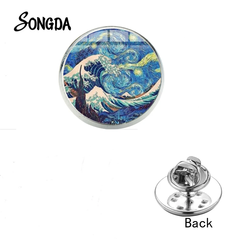 Синий брошка в форме волны Винтаж масло Картины Звездная ночь Стекло купол