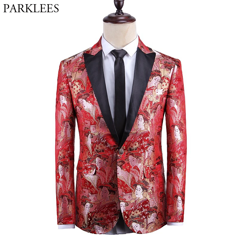 Стильное японское кимоно с принтом мужской пиджак на одной пуговице из кусков