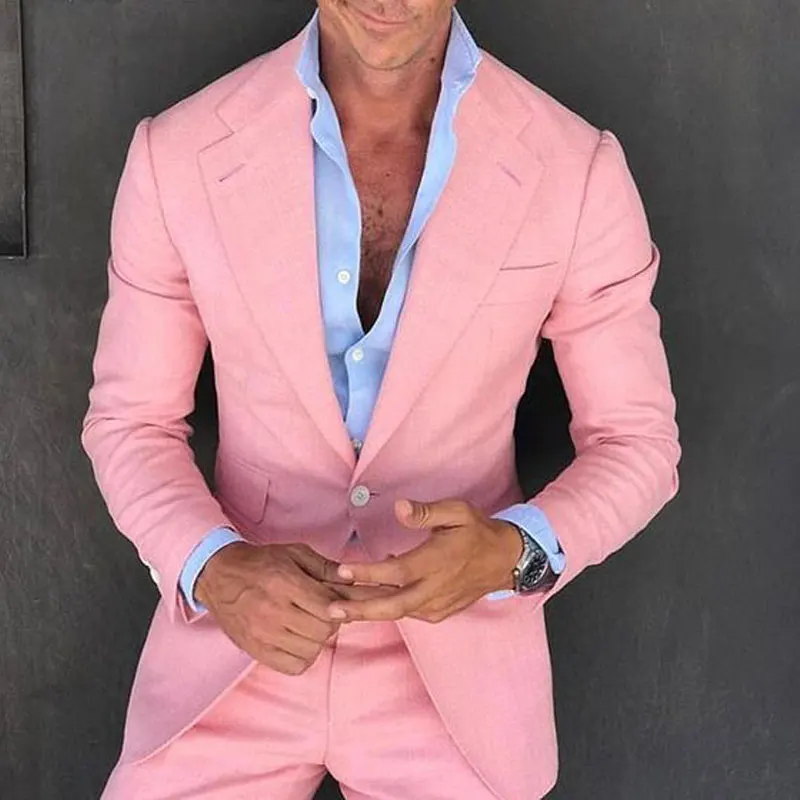 

Pink Beach Casual Men Suits Notched Lapel Formal Tuxedos For Wedding Bridegroom Two Pieces Prom Blazers (Jacket+Pants)
