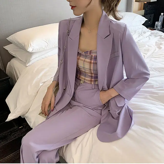 

HStar Korean Autumn Vintage Casual Loose Blazer Jackets + High Waist Wide Leg Suits Pants 3 Pieces Set Office Lady Tanks