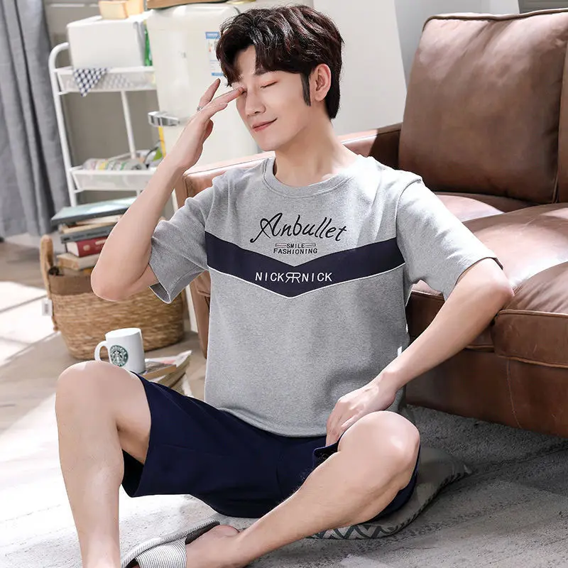 

Casual Thin Pajamas with Plaid Shorts Breathable Pajama Sets Summer 100% Cotton Pajamas for Men Fashion Letter Print Sleepwear