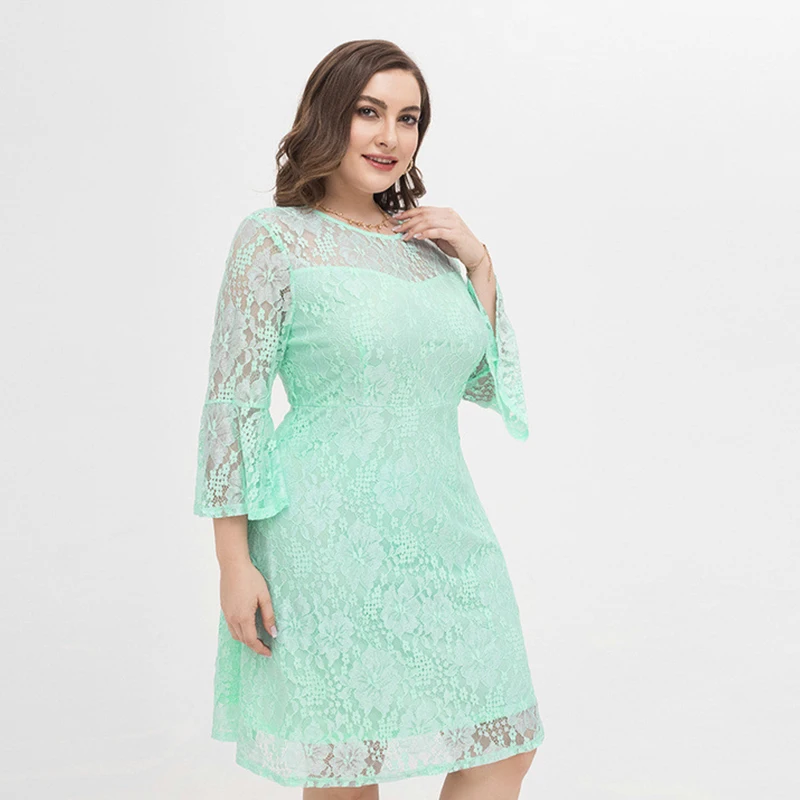 

Evening Dresses Plus Size 4XL 2021 Fresh Elegant Loose Casual Lace Mint Green Round Neck Waist Repair Long Sleeve Knee Length