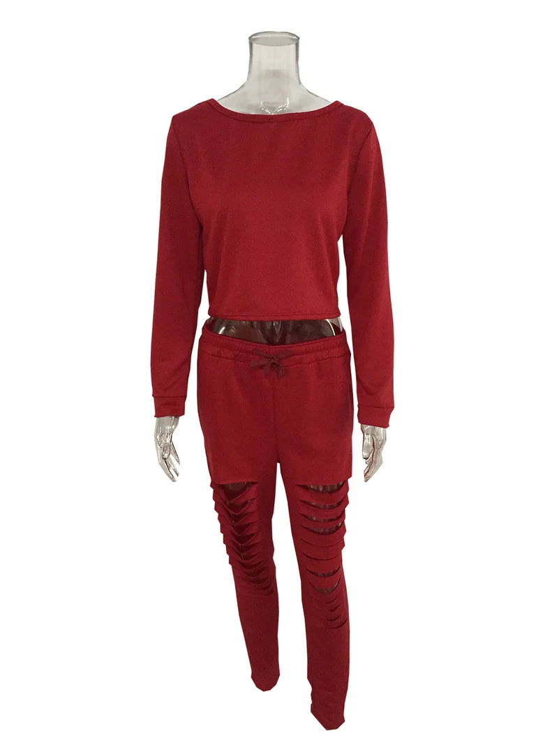 

Holed Solid Crop Top Suit Set 2021 Women Tracksuit Two-piece Sport Style Outfit Jogging Sweatshirt Fitness Lounge Sport Wear