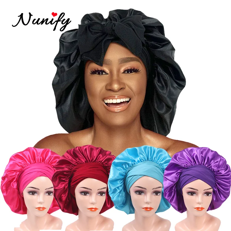 Nunify 5Pcs Satin Bonnets For Black Women Super Giant Sleep Cap Waterproof Shower Cap Female Hair Care Hat Satin Silk Bonnet