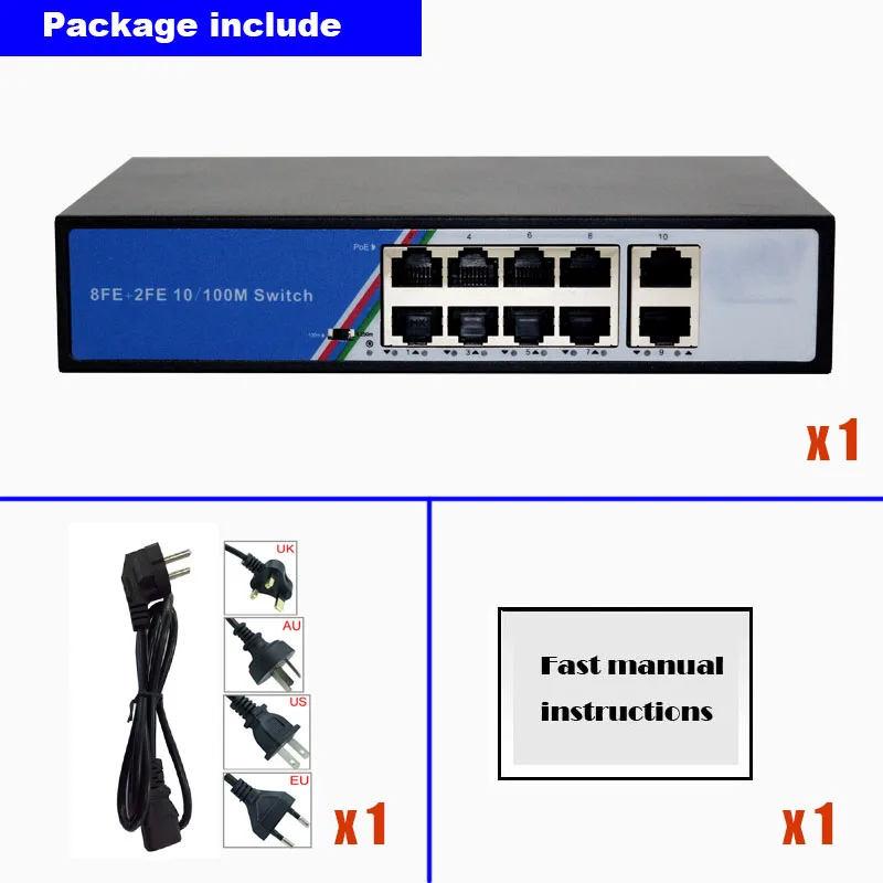 Коммутатор POE 48V 8 Порты и разъёмы с 2 Uplink Ethernet 125W Мощность 250 м расстоянии IEEE 802 3 AF/AT
