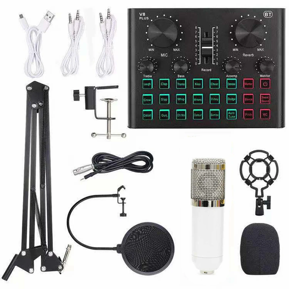

Live Sound Card and BM800 Suspension Microphone Kit Broadcasting Recording Condenser Microphone Set Intelligent Audio Mixer