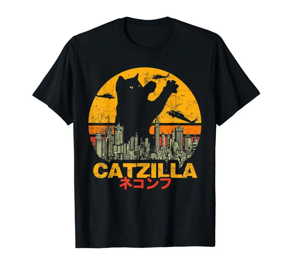 Топ Винтажная Футболка Catzilla Sunset Kitty Cat для любителей Хэллоуина модная мужская