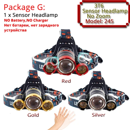 Package G Светодиодный налобный фонарь 3000лм с ИК-датчиком, T6, Головной фонарь с громкой связью, фонарь для движения тела, 18650 налобный фонарь, водонепроницаемая лампа для рыбалки - Испускаемый цвет: Package G