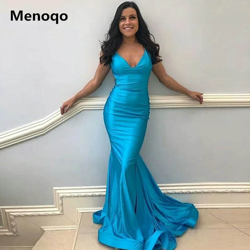 

Элегантные атласные вечерние платья голубого цвета с открытой спиной и v-образным вырезом, вечерние платья для выпускного вечера на заказ, ...