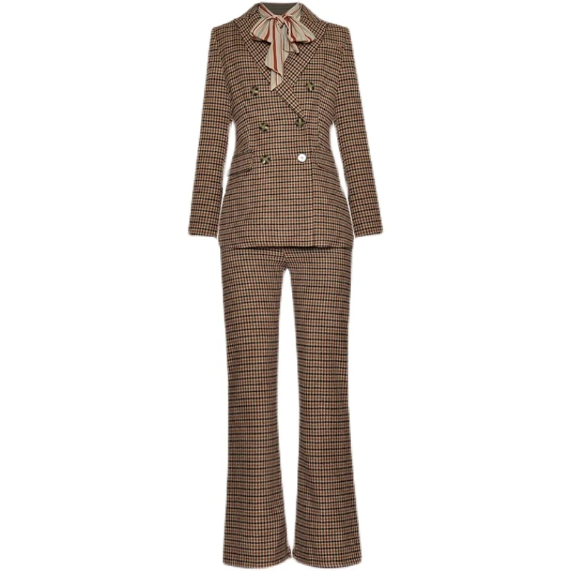 

sets womens outfits women's 3 pieces Spring 2021 brand Blouses+Double breasted Suit Tops+Trousers Houndstooth Three-piece suit