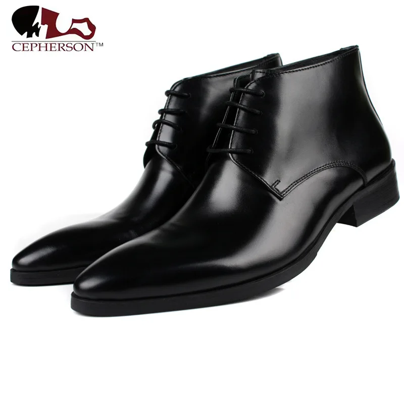 

Ankle Boots for Men Business Work Boots Lace Up Style Premium Genuine Leather Block Heel Easy Care Pointed Toe Solid Colors
