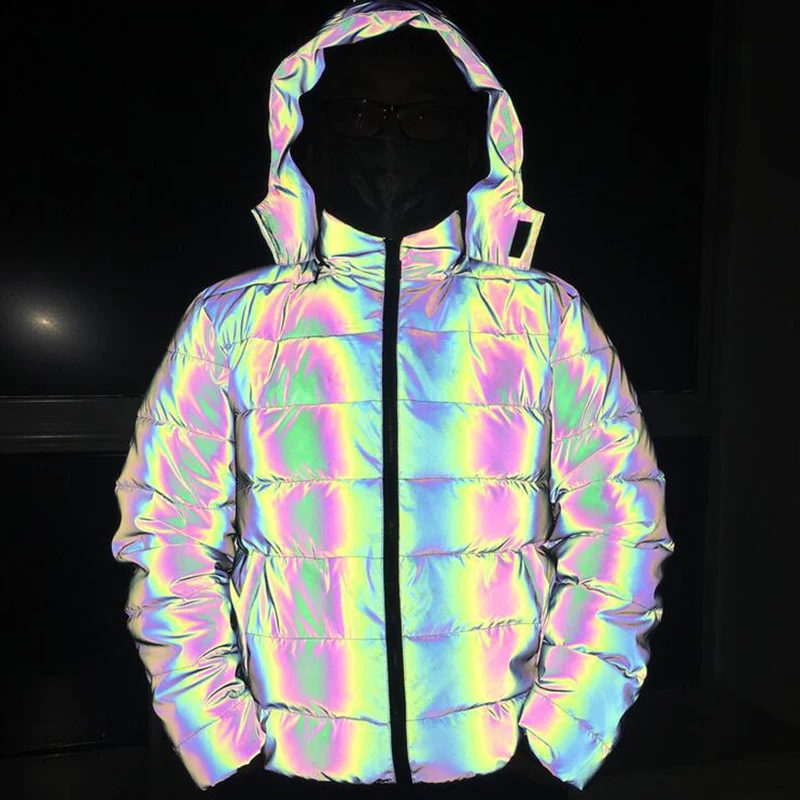 Detachable Hooded Reflective Jacket Loose Glowing Parka Winter Women Luminous Casual Coat padded Hoodies Warm Streetwear Coat