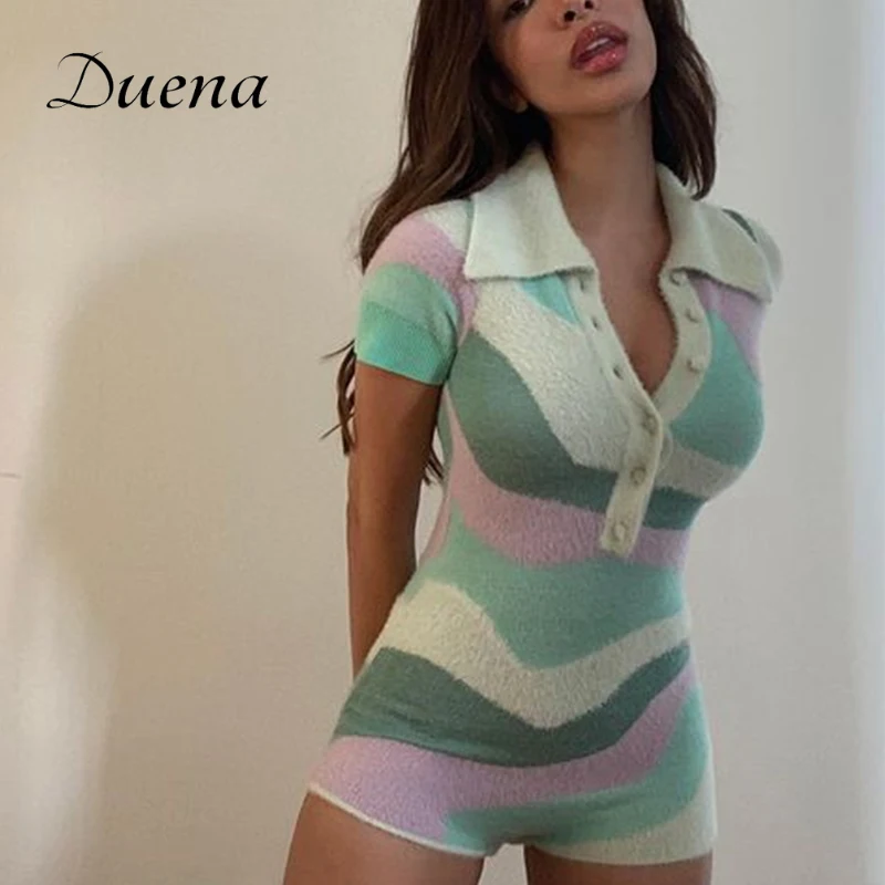 

Duena Collar Sexy Romper Summer Shorts Playsuit 2021 New Fashion Multi Color Sheath Knitted Button Short Sleeve Women Jumpsuit