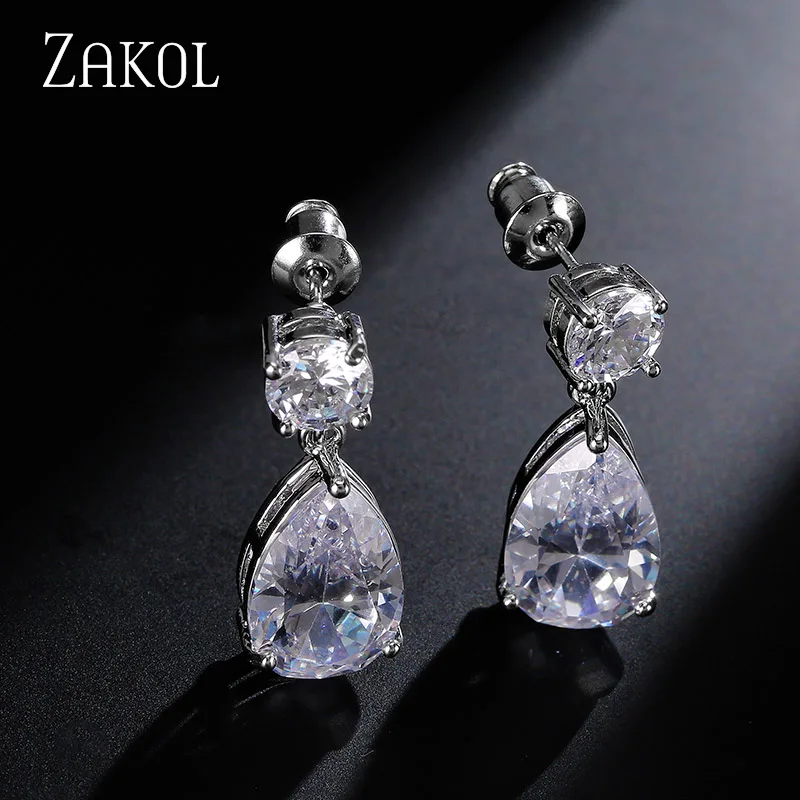 ZAKOL модные серьги-капли белого цвета для женщин невесты с фианитом высшего