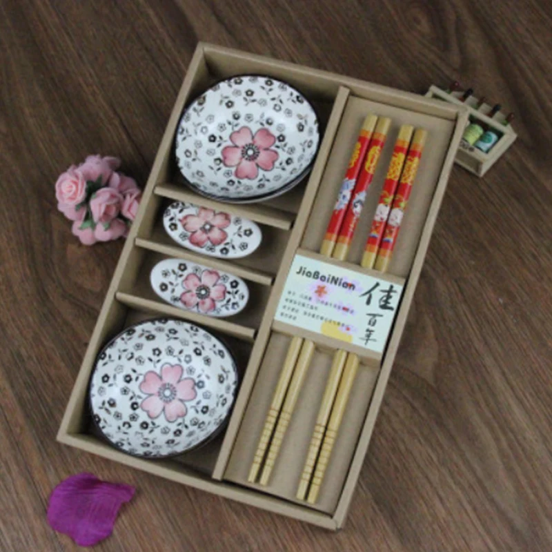 Chopsticks Dish Set Bamboo Gift Box Ceramic Chinese Flower Pattern Kitchen Supplies Tableware |